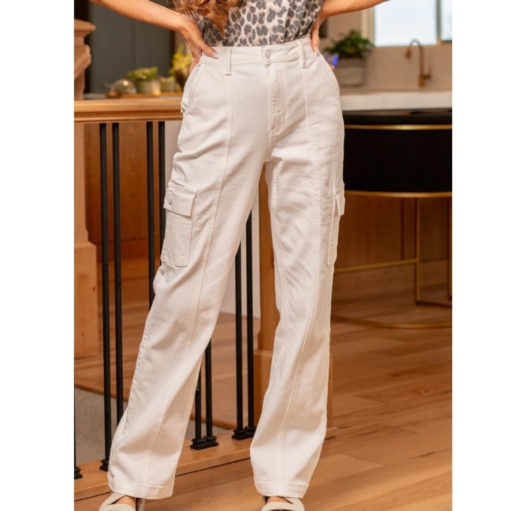 Judy Blue High Rise Cargo Straight Leg Preppy Boho Neutral Stretch Soft Pants 30 - Picture 2 of 10